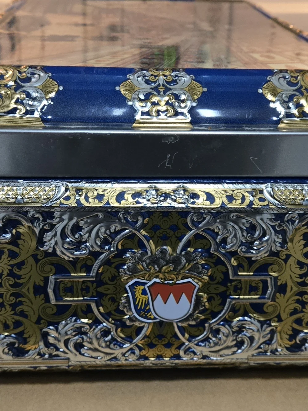 Vintage German Decorative Metal Tin Box with Detailed Courtroom Scene